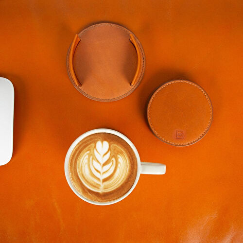 Bloominbag Lavion Sandy Tan Deri Yuvarlak Bardak Altlığı Seti (5'li)