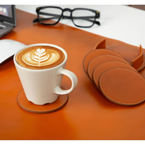 Bloominbag Divine Cup Sandy Tan Deri Yuvarlak Bardak Altlığı Seti (5'li)