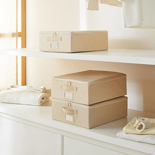 Ocean Home Textile 3'lü Küçük Boy Bej Balıksırtı Destekli Hurç Set 31 X 38 X 12 Cm