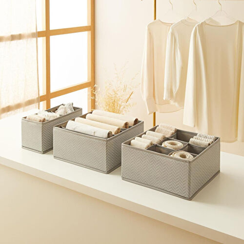 Ocean Home Textile 3'lü Bölmeli Gri Balıksırtı Çekmece İçi Düzenleyici Kutu Set