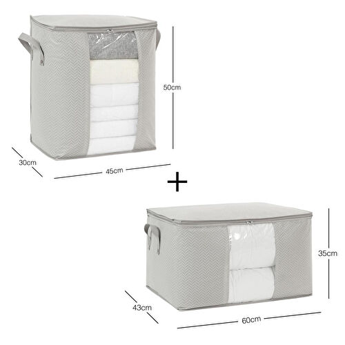 Ocean Home Textile 2'li Pvc Pencereli Gri Balıksırtı Hurç Set 1 Adet 45 X 30 X 50 / 1 Adet 60 X 43 X 35 Cm