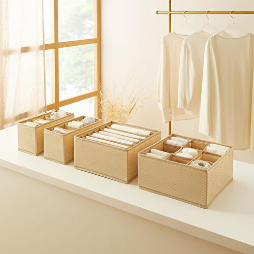 Ocean Home Textile 4'lü Bölmeli Bej Balıksırtı Çekmece İçi Düzenleyici Kutu Set