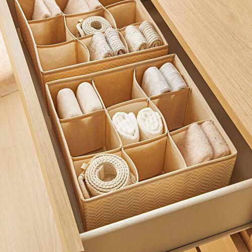 Ocean Home Textile 2'li Bölmeli Bej Balıksırtı Çekmece İçi Düzenleyici Kutu Set