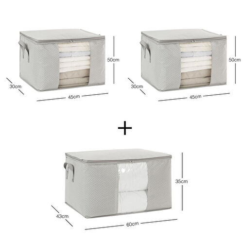 Ocean Home Textile 3'lü Pvc Pencereli Gri Balıksırtı Hurç Set 1 Adet 60 X 43 X 35 / 2 Adet 45 X 40 X 30 Cm