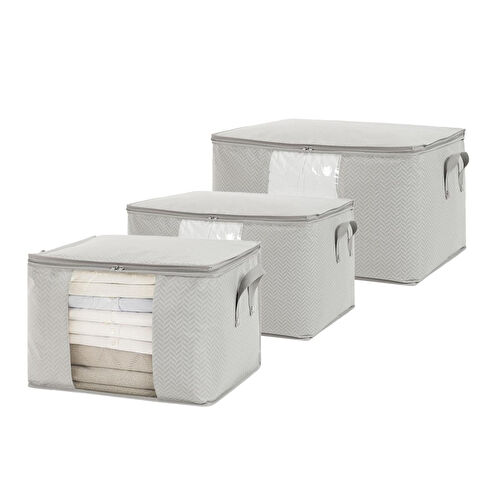 Ocean Home Textile 3'lü Pvc Pencereli Gri Balıksırtı Hurç Set 1 Adet 60 X 43 X 35 / 2 Adet 45 X 40 X 30 Cm