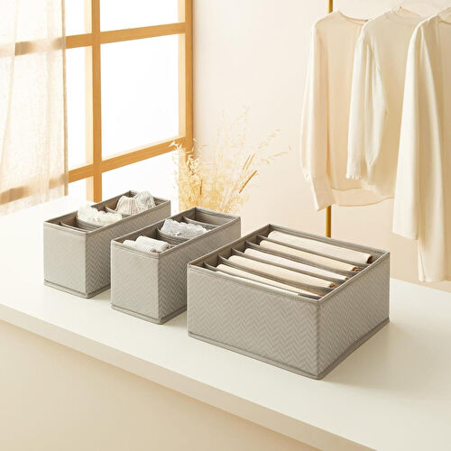 Ocean Home Textile 3'lü 6 Bölmeli Gri Balıksırtı Çekmece İçi Düzenleyici Kutu Set