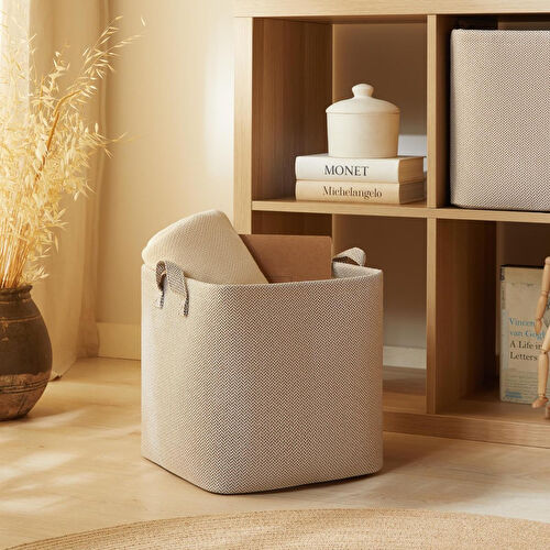 Ocean Home Textile Bej Renk Dokulu Kumaş Sepet 30 X 30 X 30 Cm