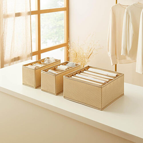 Ocean Home Textile 3'lü 6 Bölmeli Bej Balıksırtı Çekmece İçi Düzenleyici Kutu Set