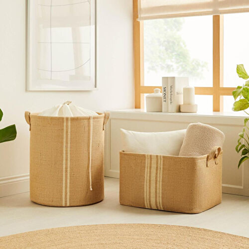 Ocean Home Textile 2'li Çizgili Jüt Sepet Set 1 Adet 42 X 31 X 25 / 1 Adet 36 X 40 Cm
