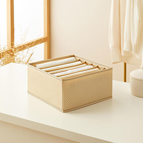 Ocean Home Textile 6 Bölmeli Bej Balıksırtı Çekmece İçi Düzenleyici Kutu 28 X 28 X 13 Cm