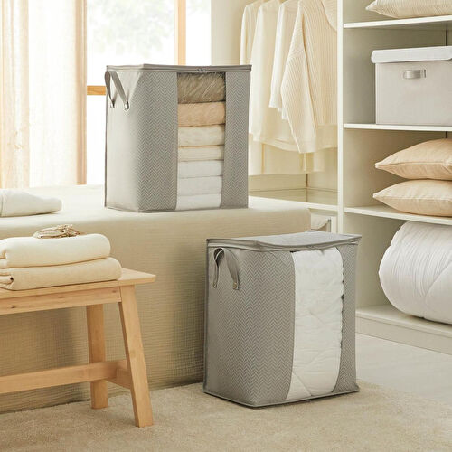 Ocean Home Textile 2'li Pvc Pencereli Gri Balıksırtı Hurç Set 45 X 30 X 50 Cm