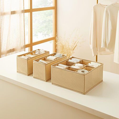 Ocean Home Textile 3'lü Bölmeli Bej Balıksırtı Çekmece İçi Düzenleyici Kutu Set