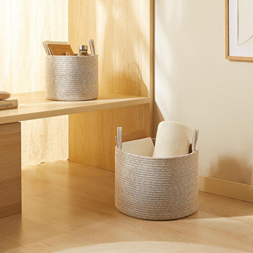Ocean Home Textile 2'li Bej Kırçıllı Pamuklu Halat Sepet Set 26 X 22 / 35 X 27 Cm