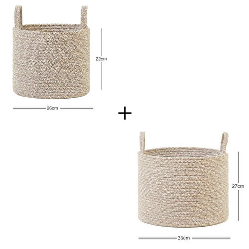 Ocean Home Textile 2'li Bej Kırçıllı Pamuklu Halat Sepet Set 26 X 22 / 35 X 27 Cm