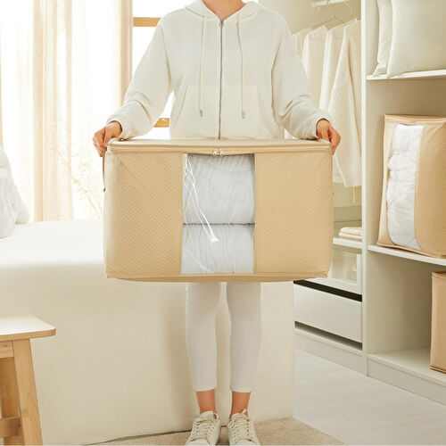 Ocean Home Textile Büyük Boy Pvc Pencereli Bej Balıksırtı Hurç 60 X 43 X 35 Cm