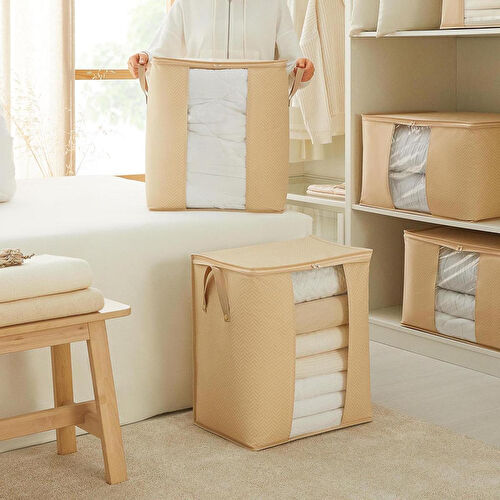 Ocean Home Textile Pvc Pencereli Bej Balıksırtı Hurç 45 X 30 X 50 Cm