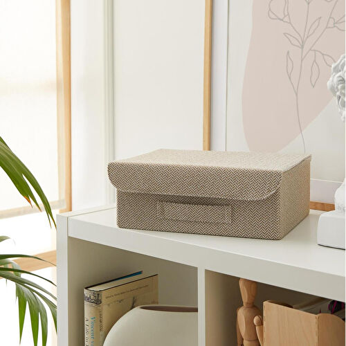 Ocean Home Textile Çekmece İçi Bej Renk Dokulu Kumaş Kapaklı Kutu 30 X 23 X 11 Cm