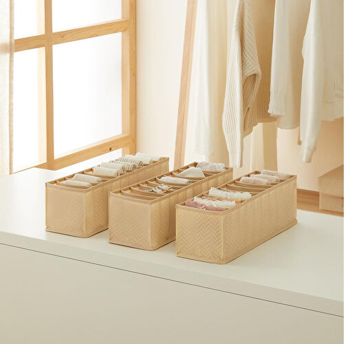 Ocean Home Textile 3'lü 10 Bölmeli Bej Balıksırtı Çekmece Düzenleyici Set