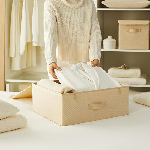 Ocean Home Textile Bej Balıksırtı Kapaklı Kutu 48 X 40 X 19 Cm