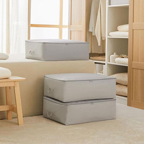 Ocean Home Textile 3'lü Büyük Boy Gri Balıksırtı Baza Altı Hurç Set 62 X 46 X 22 Cm