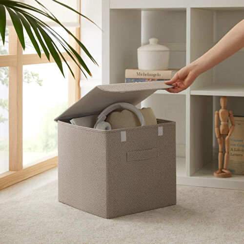 Ocean Home Textile Bej Renk Dokulu Kumaş Kapaklı Kutu 30 X 30 X 30 Cm