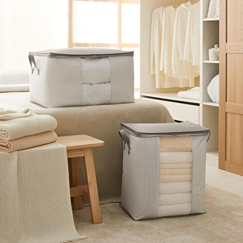 Ocean Home Textile 2'li Pvc Pencereli Stuff & Things Gri Çizgili Hurç Set