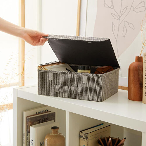 Ocean Home Textile Çekmece İçi Antrasit Renk Dokulu Kumaş Kapaklı Kutu 30 X 23 X 11 Cm