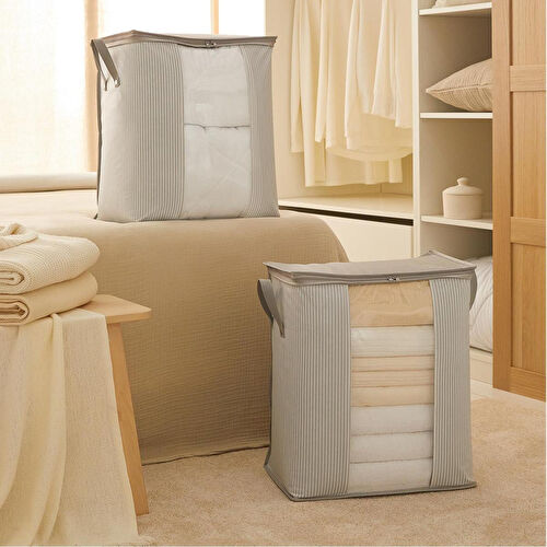 Ocean Home Textile 2'li Pvc Pencereli Stuff & Things Gri Çizgili Hurç Set