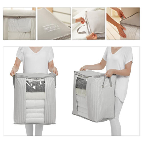 Ocean Home Textile 2'li Pvc Pencereli Stuff & Things Gri Çizgili Hurç Set