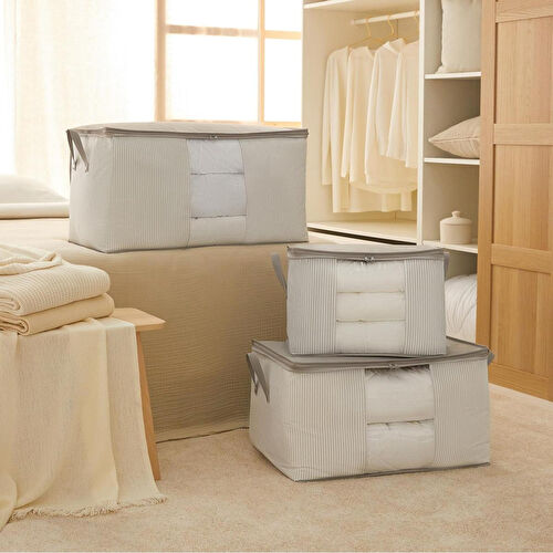 Ocean Home Textile 3'lü Pvc Pencereli Stuff & Things Gri Çizgili Hurç Set