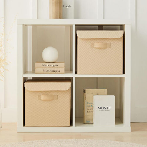 Ocean Home Textile 2'li Bej Balıksırtı Kapaklı Kutu Set 30 X 30 X 30 Cm