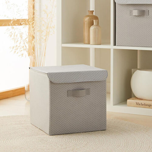 Ocean Home Textile Gri Balıksırtı Kapaklı Kutu 30 X 30 X 30 Cm