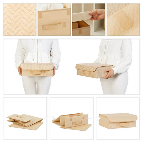 Ocean Home Textile Çekmece İçi Bej Balıksırtı Kapaklı Kutu 30 X 23 X 11 Cm