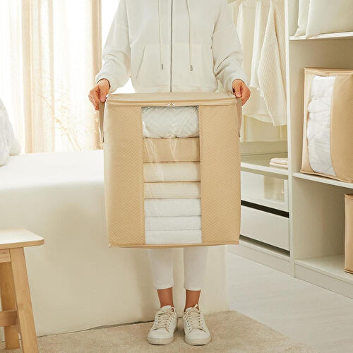 Ocean Home Textile 2'li Pvc Pencereli Bej Balıksırtı Hurç Set 45 X 30 X 50 Cm