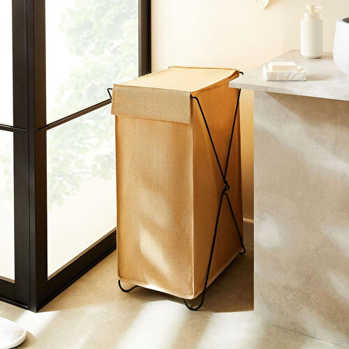 Ocean Home Textile Katlanabilir Bölmeli Siyah Metal Destekli Naturel Jüt Çamaşır Sepeti 44 X 29.5 X 63 Cm
