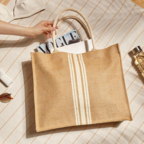 Ocean Home Textile Çizgili Jüt Çanta 42 X 35 X 12 Cm