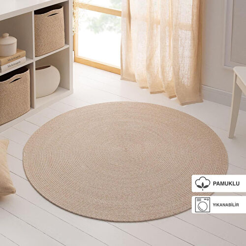 Ocean Home Textile Yıkanabilir Bej Kırçıllı Pamuklu Halı Kilim Ø 120 Cm
