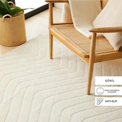 Ocean Home Textile Ekru Renk Dalga Desenli Şönil Halı Kilim 120 X 180 Cm