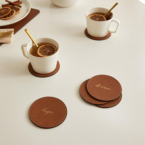 Ocean Home Textile 6'lı Taba Renk Deri Bardak Altlığı Ø 10 Cm