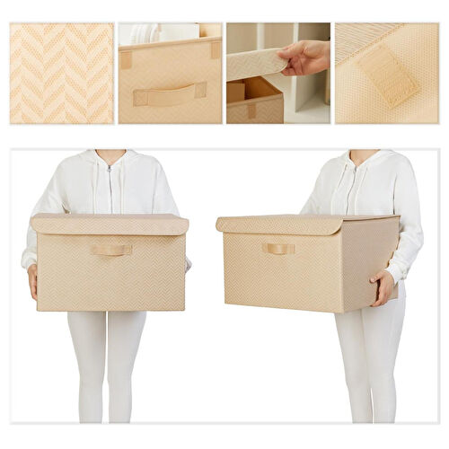 Ocean Home Textile Bej Balıksırtı Kapaklı Kutu 48 X 40 X 30 Cm