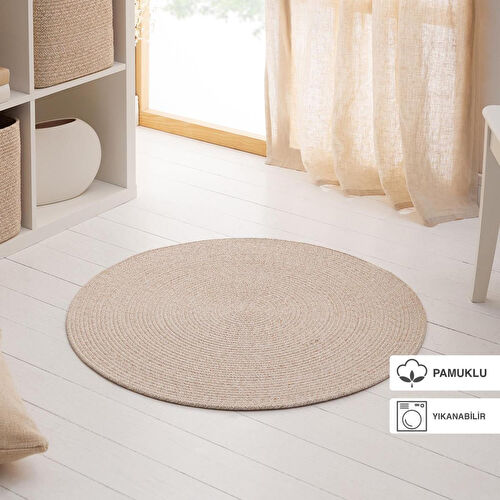Ocean Home Textile Yıkanabilir Bej Kırçıllı Pamuklu Halı Kilim Ø 80 Cm