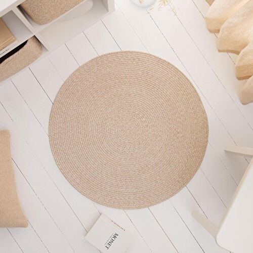 Ocean Home Textile Yıkanabilir Bej Kırçıllı Pamuklu Halı Kilim Ø 80 Cm