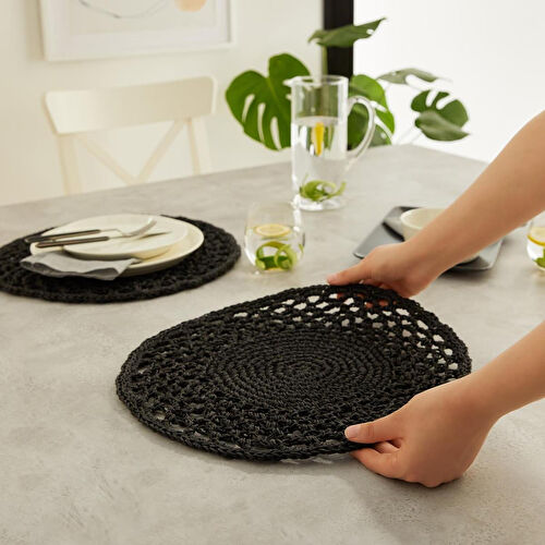 Ocean Home Textile 2'li Siyah Renk Motifli Rafya Amerikan Servis Ø 36 Cm