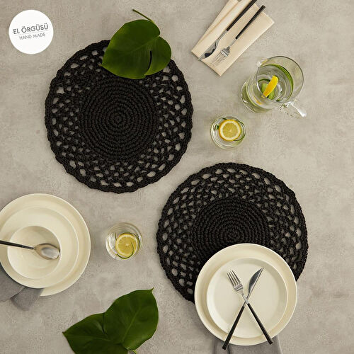 Ocean Home Textile 2'li Siyah Renk Motifli Rafya Amerikan Servis Ø 36 Cm