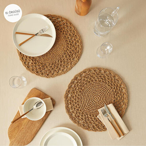 Home Wave Ocean Home Textile 2'li Bej Renk Motifli Rafya Amerikan Servis Ø 36 Cm