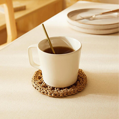 Ocean Home Textile 4'lü Bej Renk Motifli Rafya Bardak Altlığı Ø 11 Cm