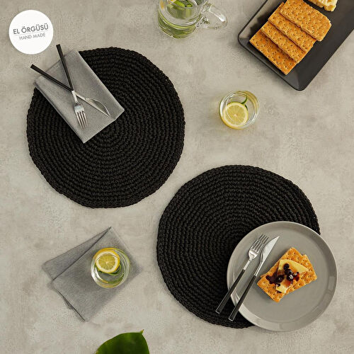 Home Wave Ocean Home Textile 2'li Siyah Renk Rafya Amerikan Servis Ø 36 Cm