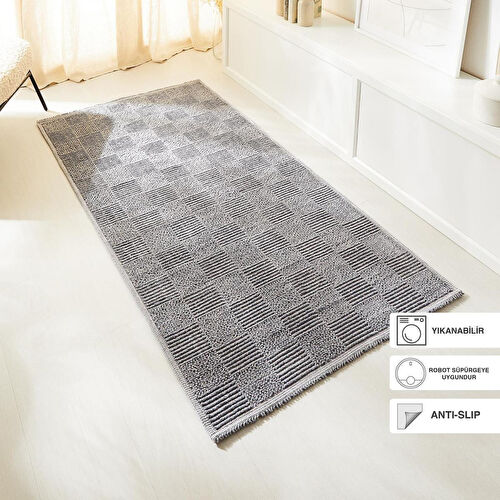 Ocean Home Textile Yıkanabilir Pamuklu Gri Renk Dama Desen Kilim 120 X 180 Cm