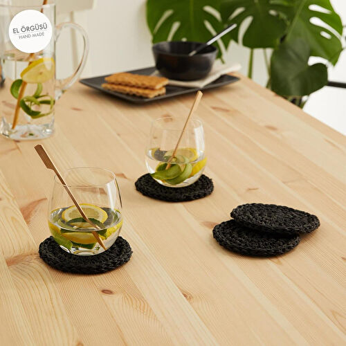 Ocean Home Textile 4'lü Siyah Renk Rafya Bardak Altlığı Ø 11 Cm