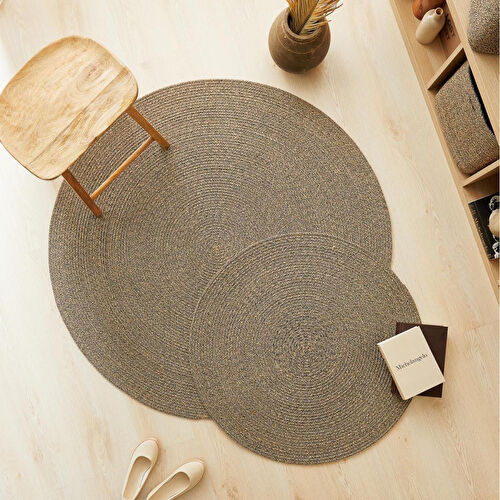 Ocean Home Textile Siyah Kırçıllı Jüt Halı Kilim Ø 80 Cm